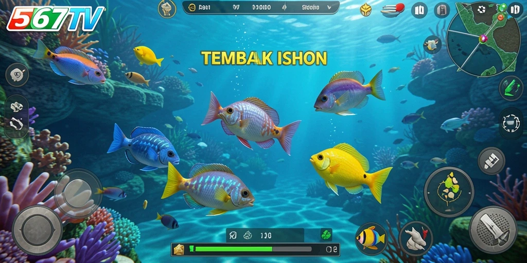 Tampilan gameplay Tembak Ikan di 567TV dengan ikan berwarna-warni.