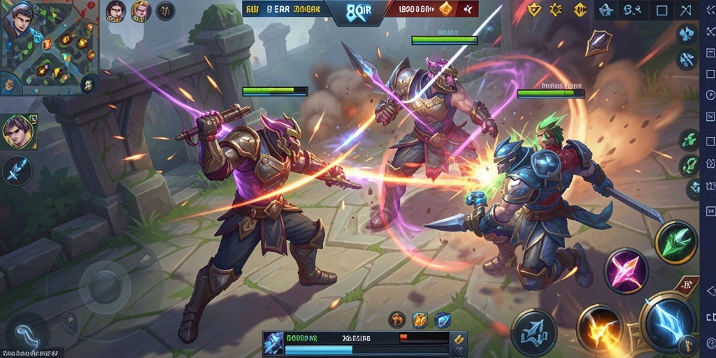 Screenshot menampilkan karakter bertarung di arena MOBA yang menarik.