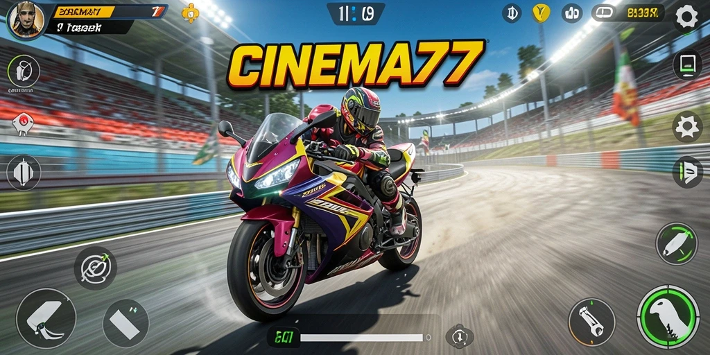 Screenshot menunjukkan balapan seru di CINEMA77 dengan motor kencang.