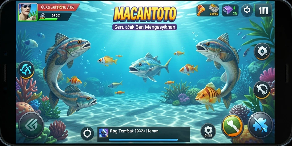 Tampilan gameplay seru dalam MACANTOTO saat menembak ikan.