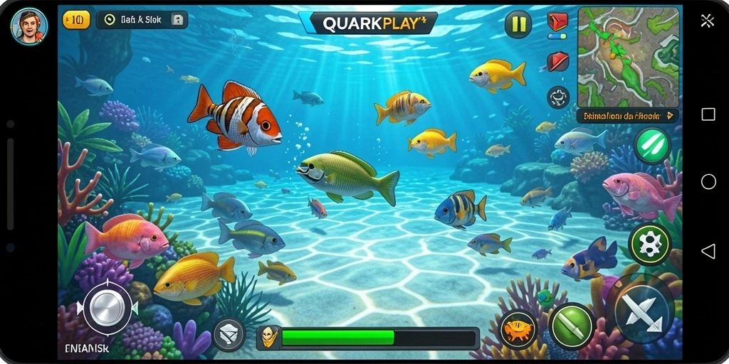 Tangkapan layar gameplay <strong>QUARKPLAY</strong> yang menunjukkan aksi menembak ikan.