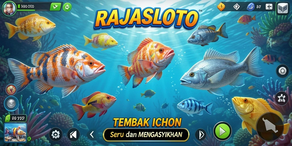 Tampilan gameplay menegangkan di RAJASLOTO menunjukkan aksi menembak ikan.