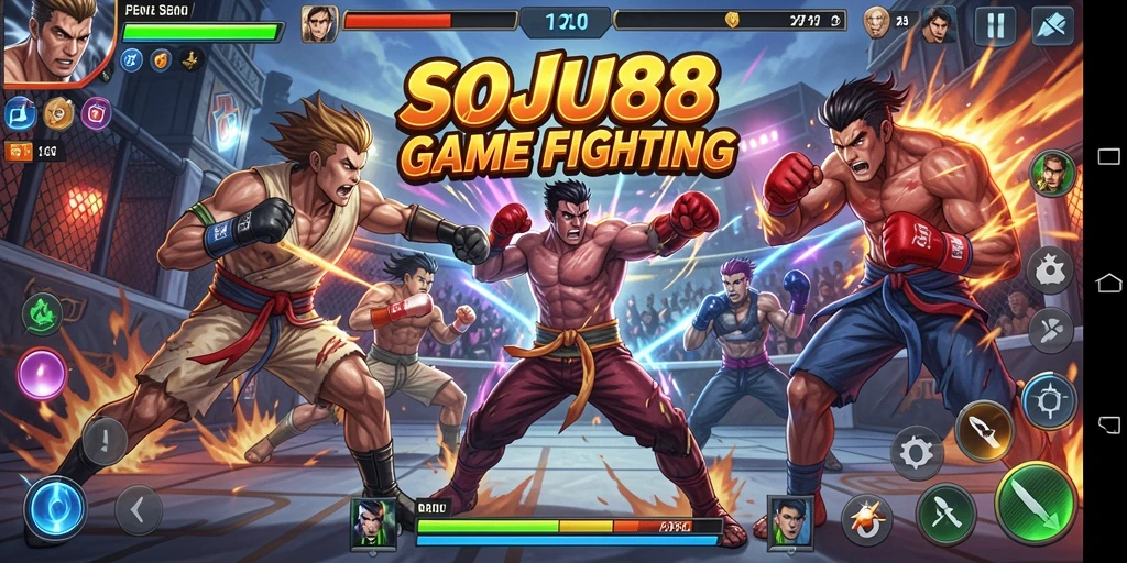 Screenshot menunjukkan pertarungan seru dalam SOJU88 dengan efek visual yang mengesankan.