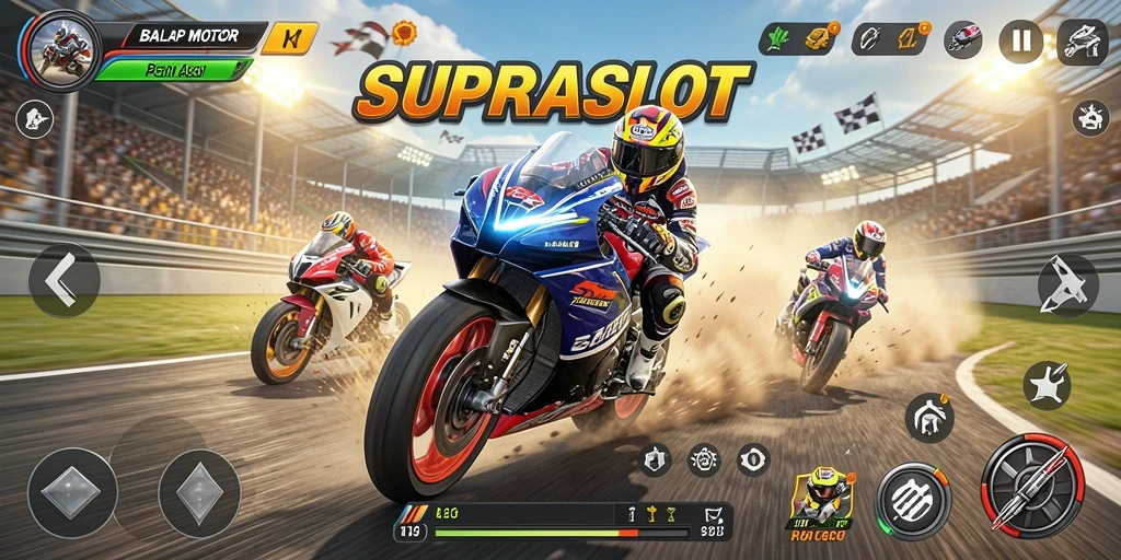 Tampilan gameplay menegangkan saat balapan motor di SUPRASLOT.
