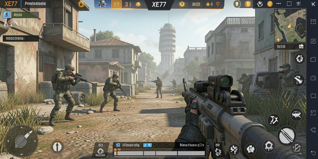 Screenshot gameplay XE77 yang menunjukkan aksi intens dalam pertempuran FPS.